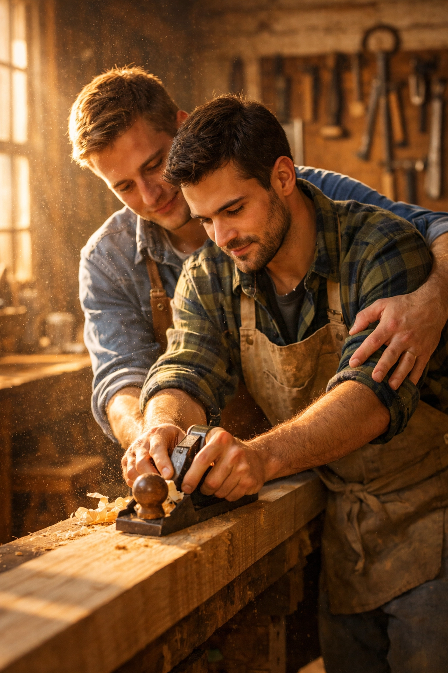 A gay couple building connection through hands-on queer hobbies in a sun-lit woodworking workshop.