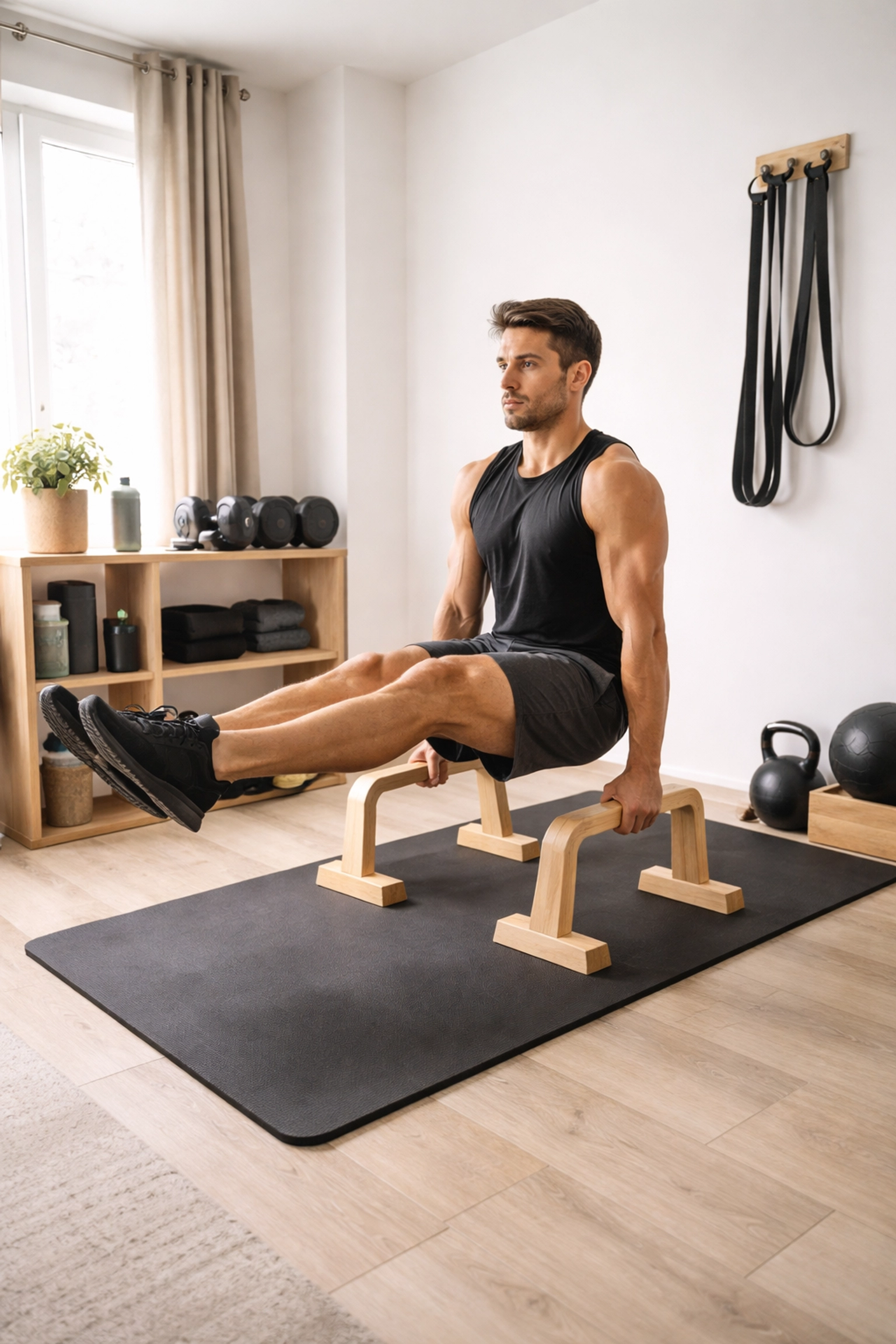 Minimalist home gym setup in a small apartment with athlete performing L-sit on parallettes, ideal for bodyweight training at home