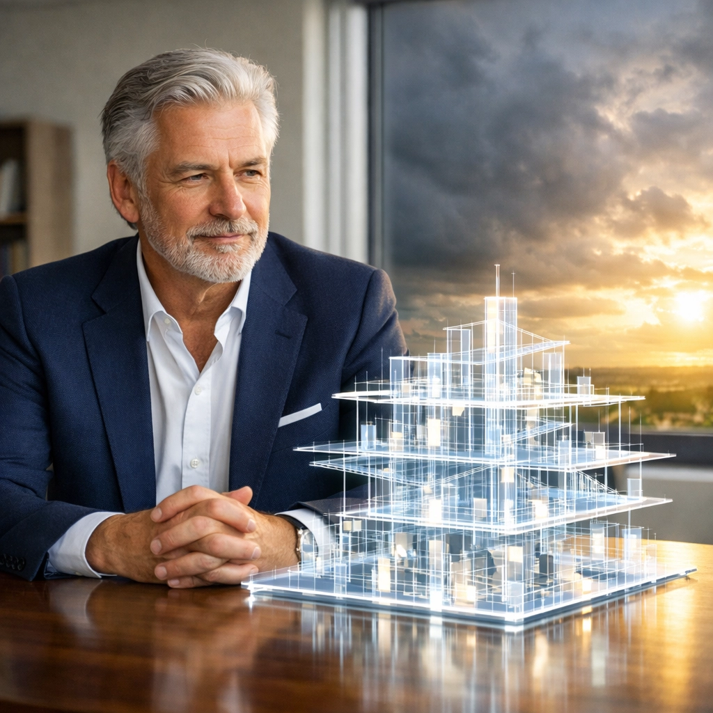 Professional man reviewing engineered financial architecture to protect retirement from sequence of returns risk.