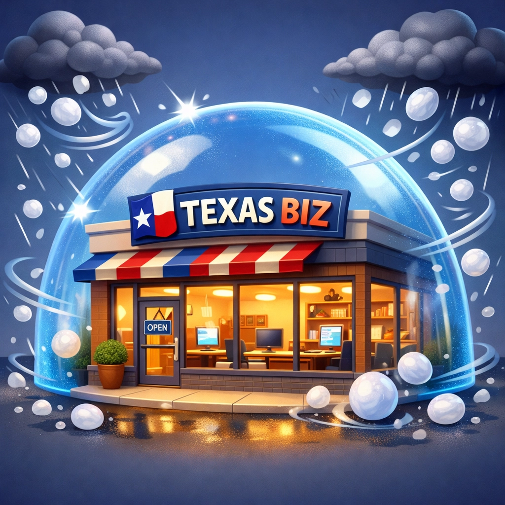 Illustration of a protective shield over a business storefront, securing office equipment from storm damage.