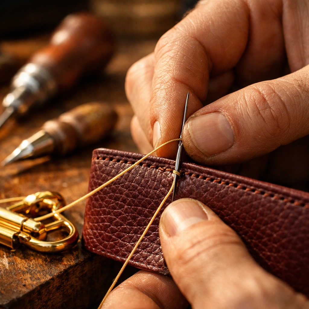 Expert hand-stitching on a burgundy full-grain leather bag, showcasing British luxury leather craftsmanship in London.