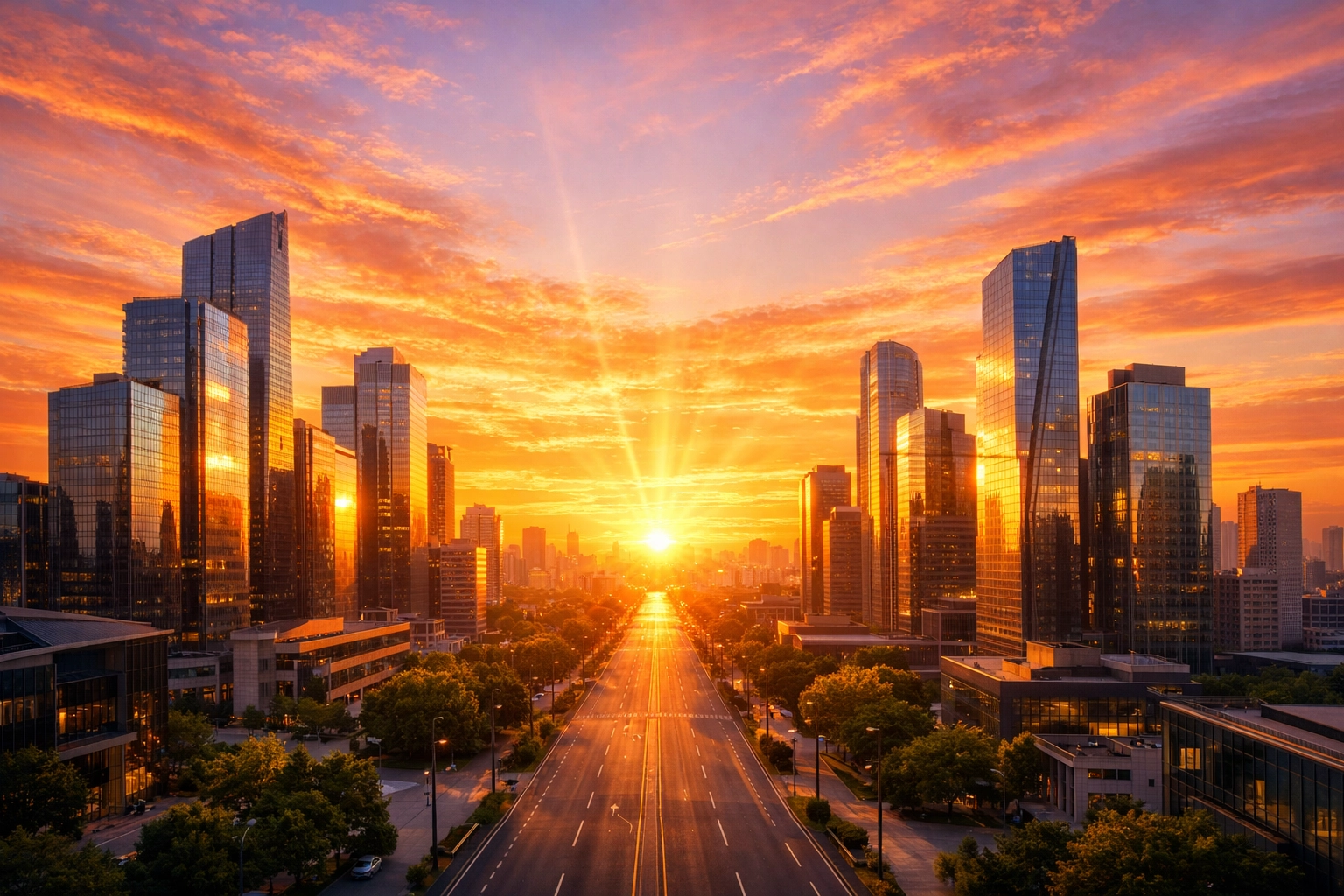 A vibrant city sunrise representing the hope and new beginnings found in Jesus.