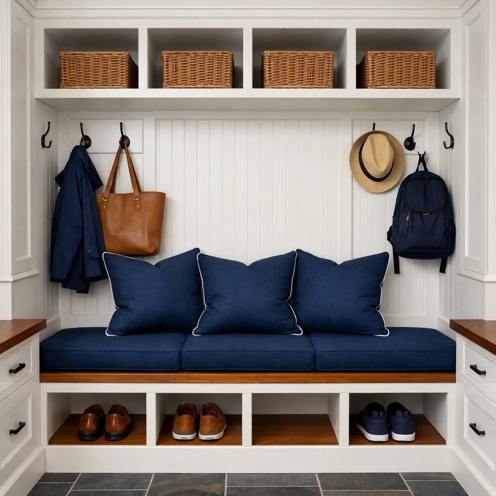 Organized and spotless mudroom in a Sherborn home featuring clean white cabinetry and slate tile floors.