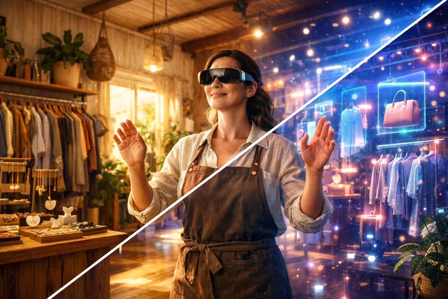 A business owner bridging physical retail and VR shopping using Larecoin metaverse integration tools.