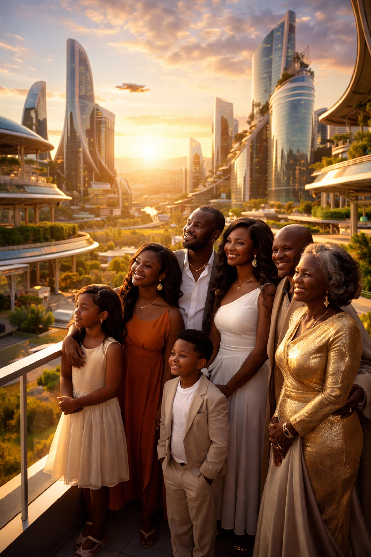The Journey of Excellence: From Kemet to 2026 Afrofuturistic cityscape with a proud multigenerational Black family, embodying the future of Black community wealth.