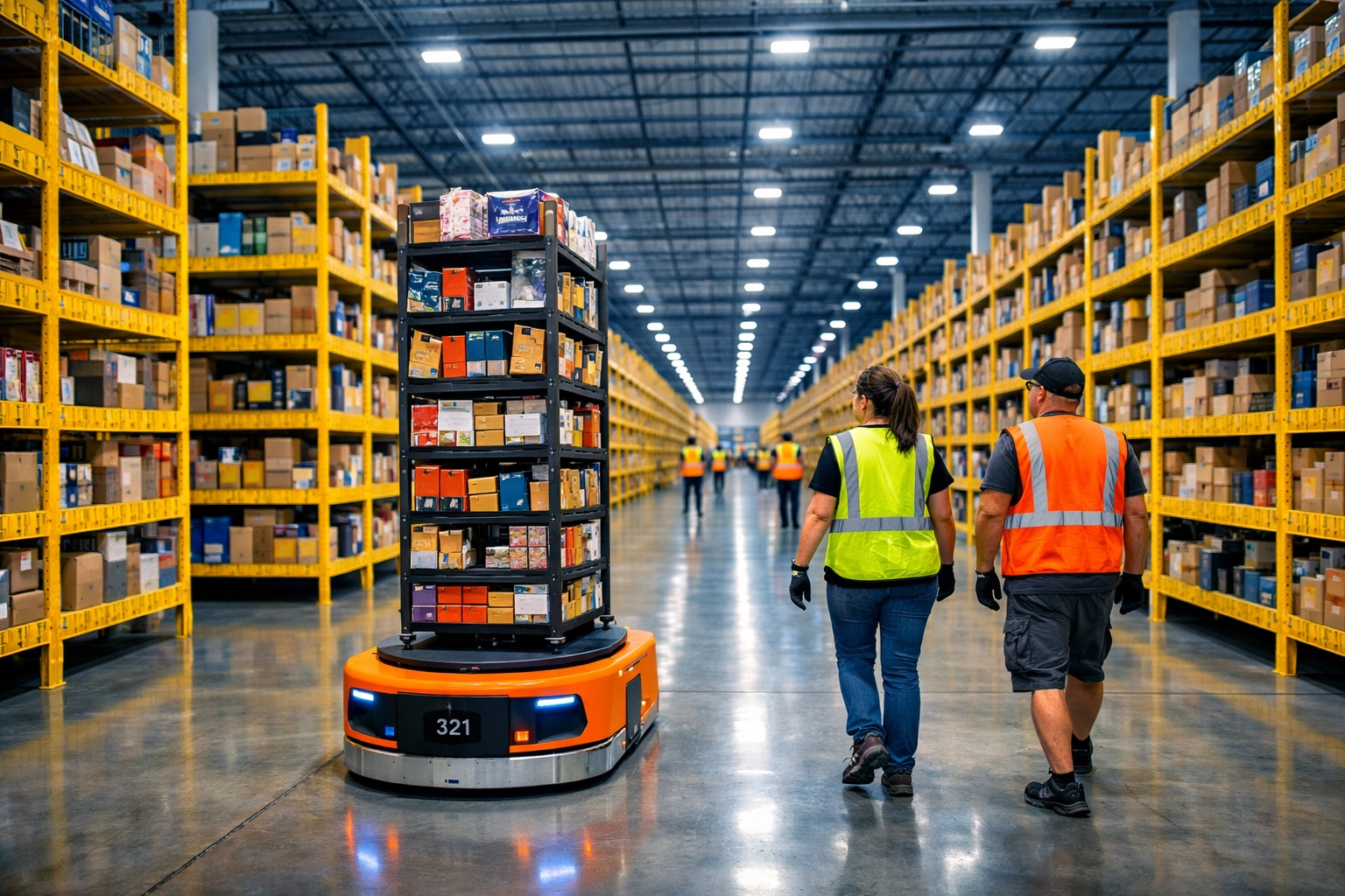 Orange Kiva robots transport merchandise alongside workers in massive Amazon fulfillment center