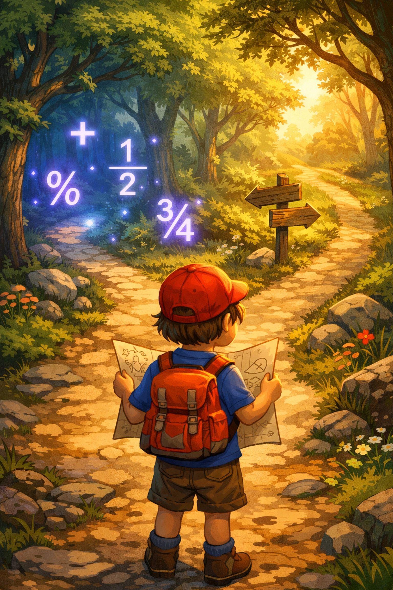 Child making decisions at fantasy crossroads with floating math symbols representing game-based learning