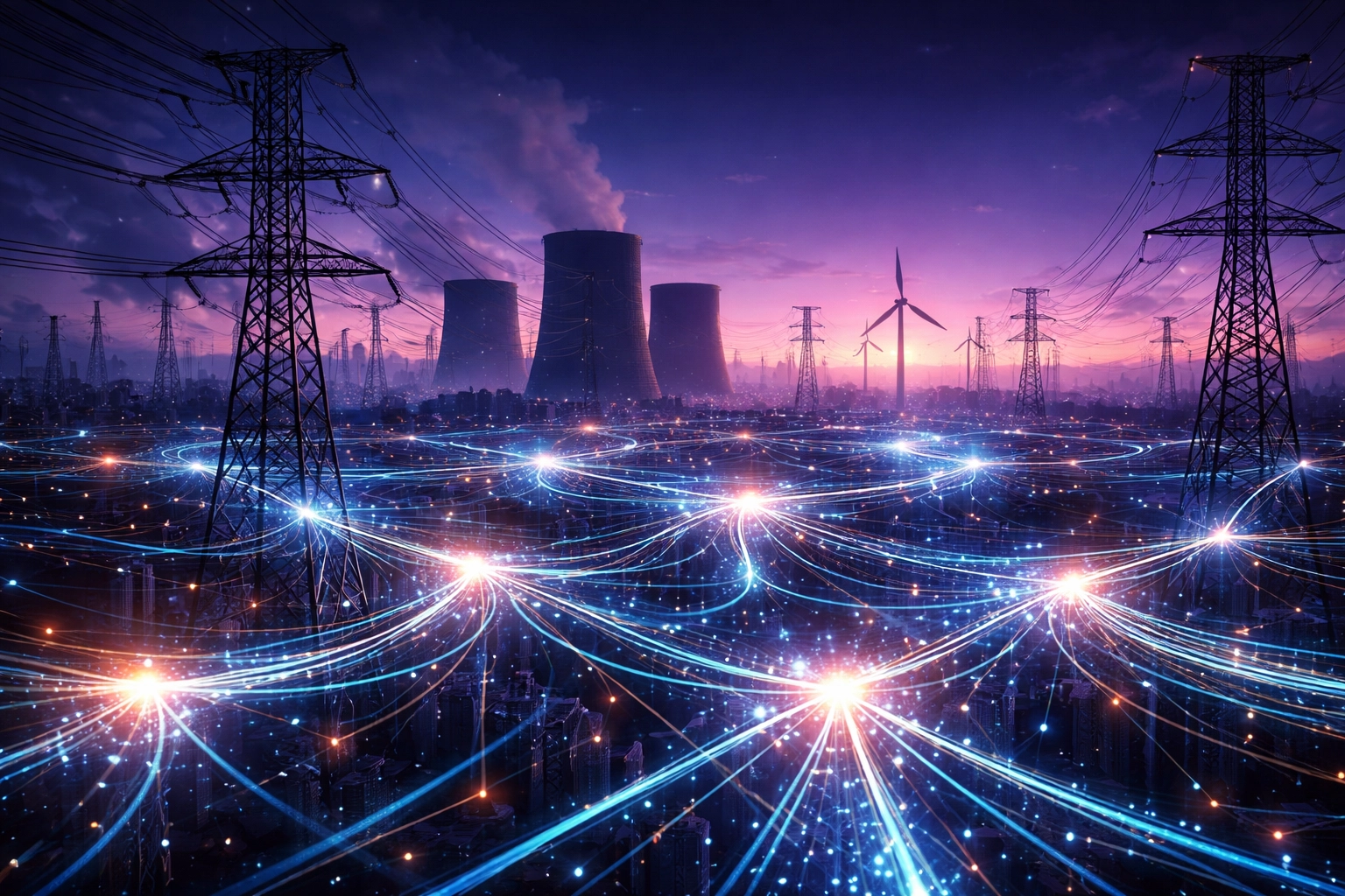 Power lines and data cables glowing across an industrial skyline, showing AI infrastructure investment opportunities.