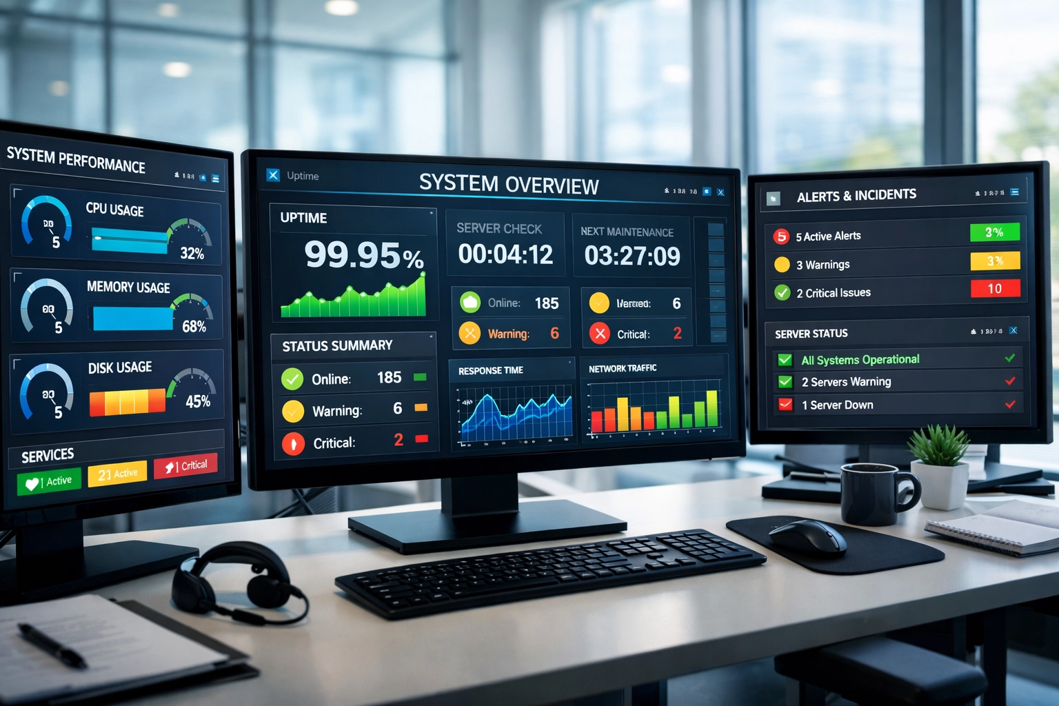 ServiceNow monitoring dashboard displaying real-time DORA compliance metrics and uptime data