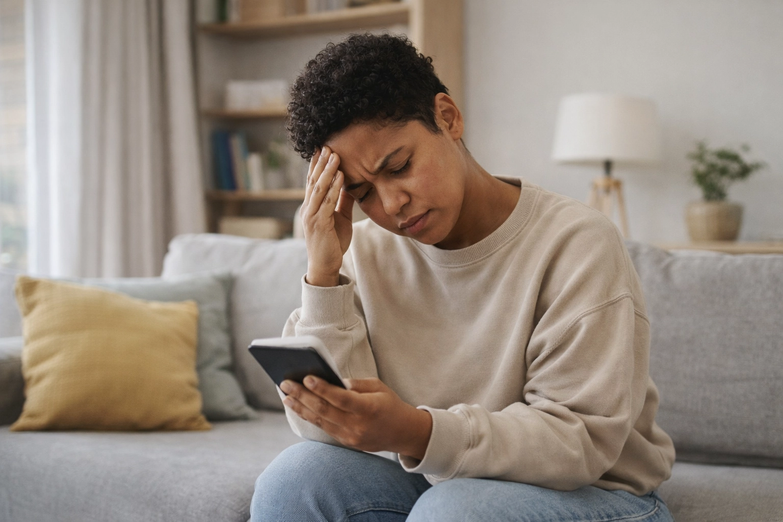 Realistic photo of a diverse person on a living room couch, looking thoughtful and mentally stuck while staring at a notebook/phone