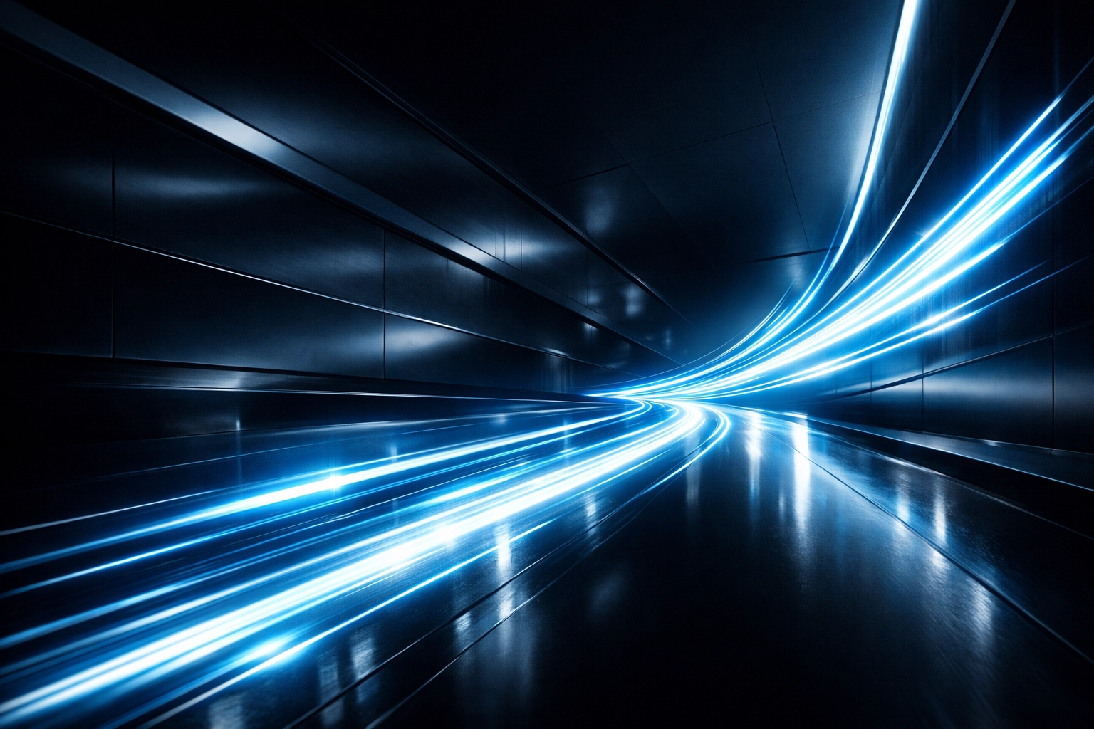 Fast blue light trails symbolizing high-speed data processing and reduced cycle times in a service business.