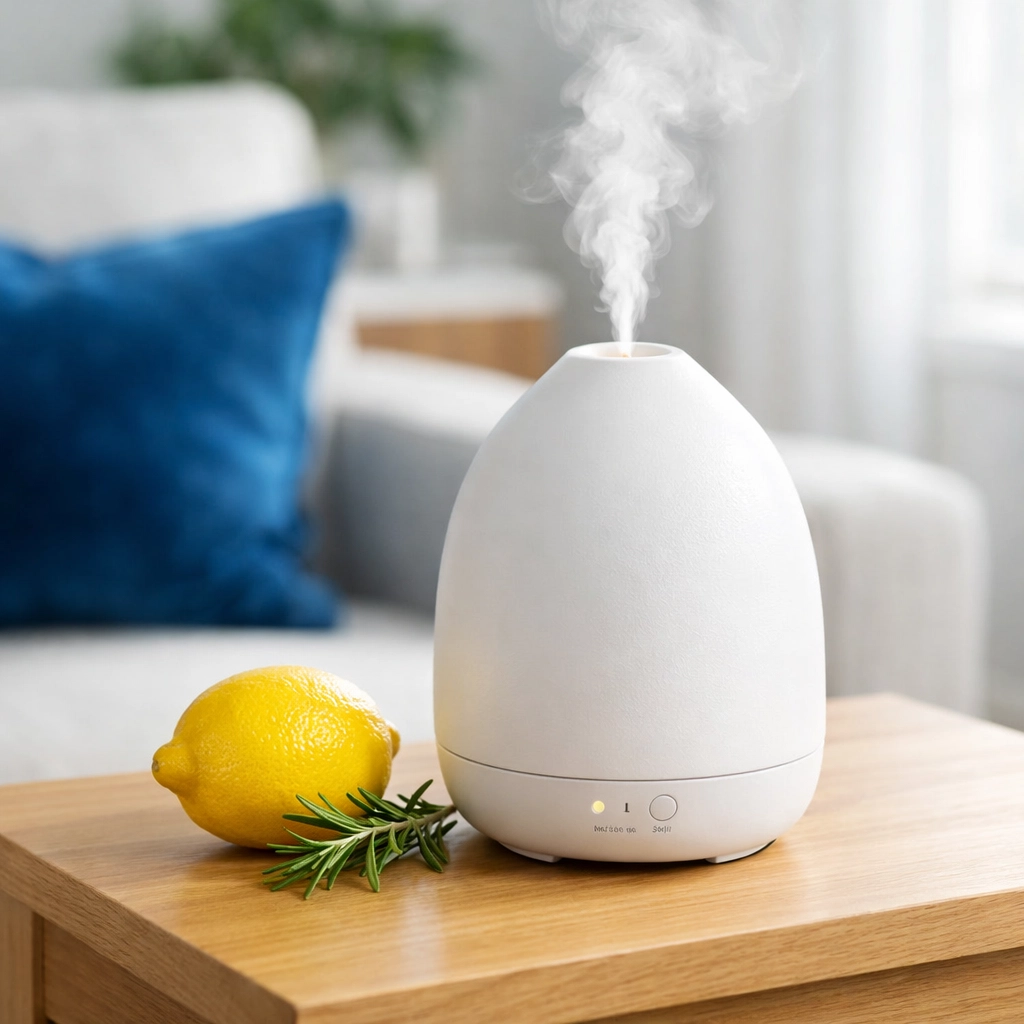 A white ceramic essential oil diffuser releasing mist next to fresh lemon and rosemary sprigs.