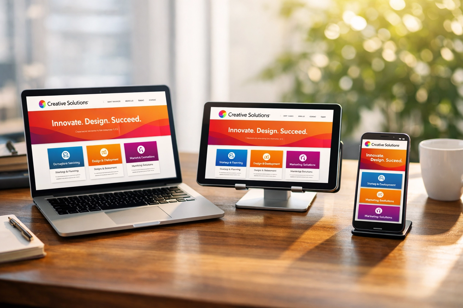 Responsive WordPress website design displayed seamlessly on a laptop, tablet, and smartphone.
