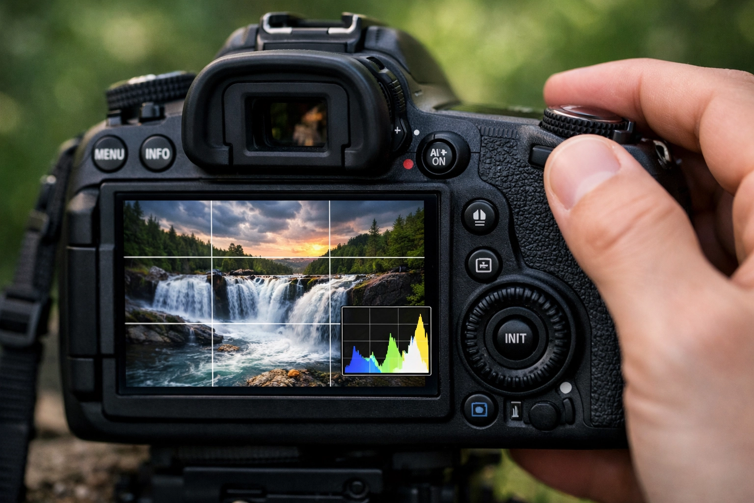 Camera screen showing a waterfall with a histogram, essential for landscape photography success.