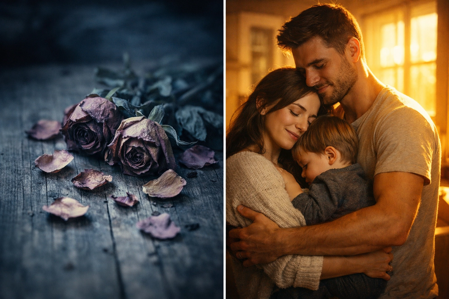 Wilted roses next to happy family embracing showing temporary gifts versus lasting life insurance protection