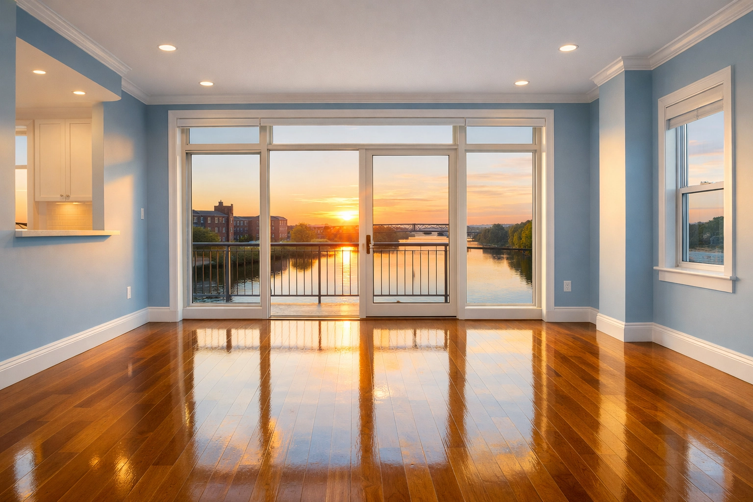 A spotless empty apartment with polished floors after professional move-in move-out cleaning Lowell.