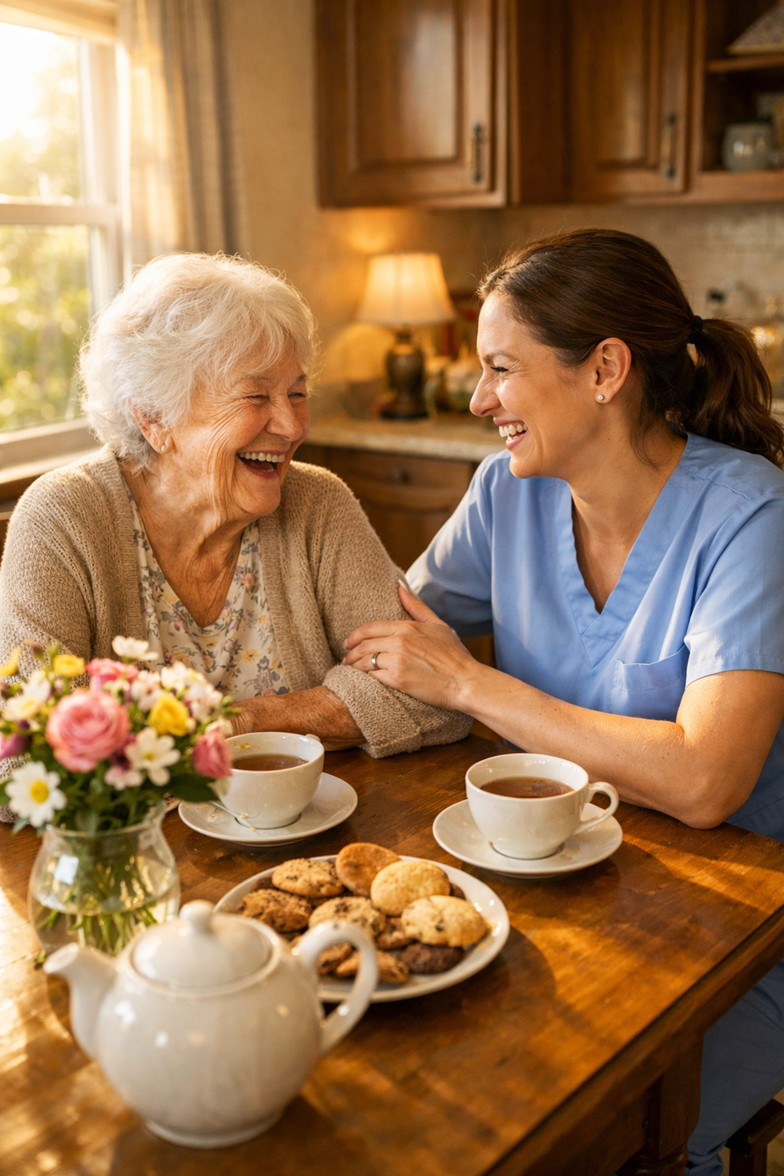 Companionship care: senior woman sharing tea and conversation with caregiver at home