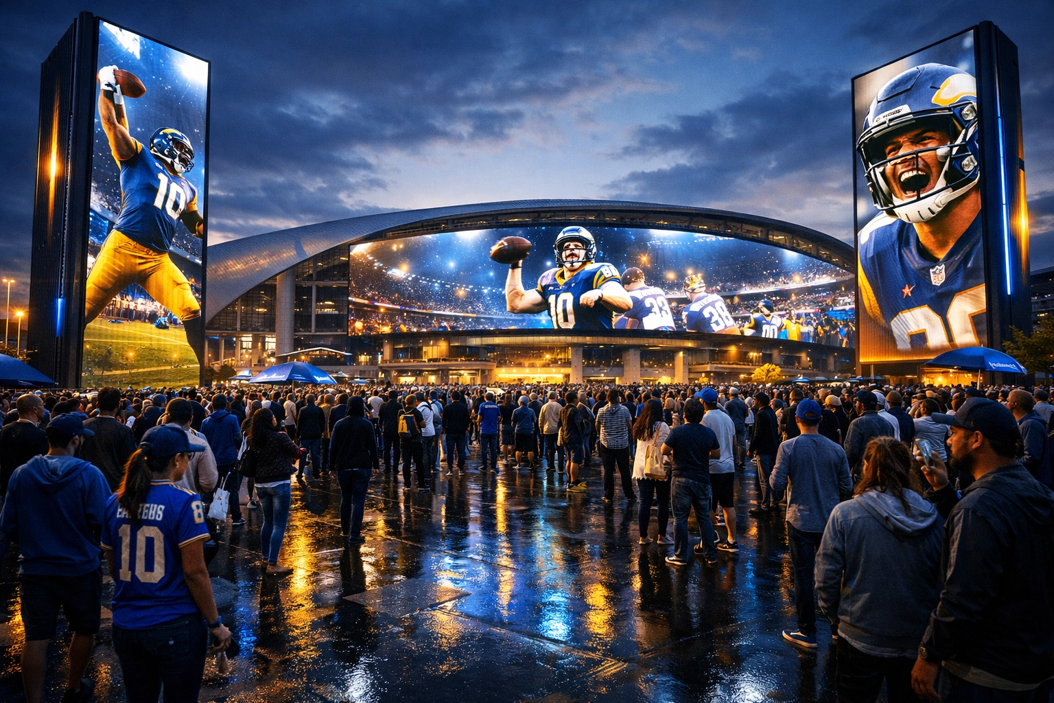 Digital billboard displays and LED screens in a crowded Super Bowl fan zone at Levi's Stadium.