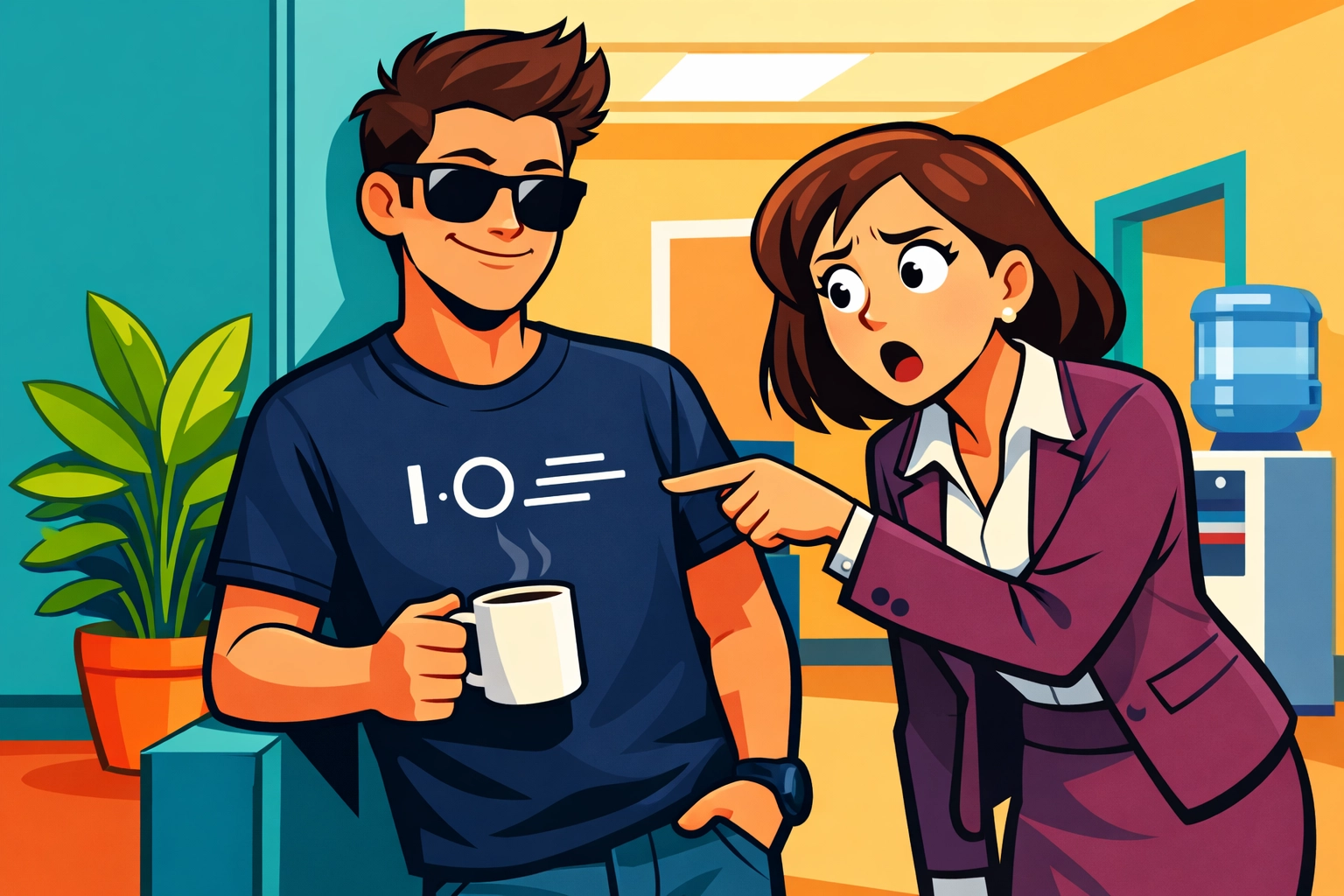 Man in a Yewtah quiet reference t-shirt smirking at a confused office coworker who doesn't get the joke.