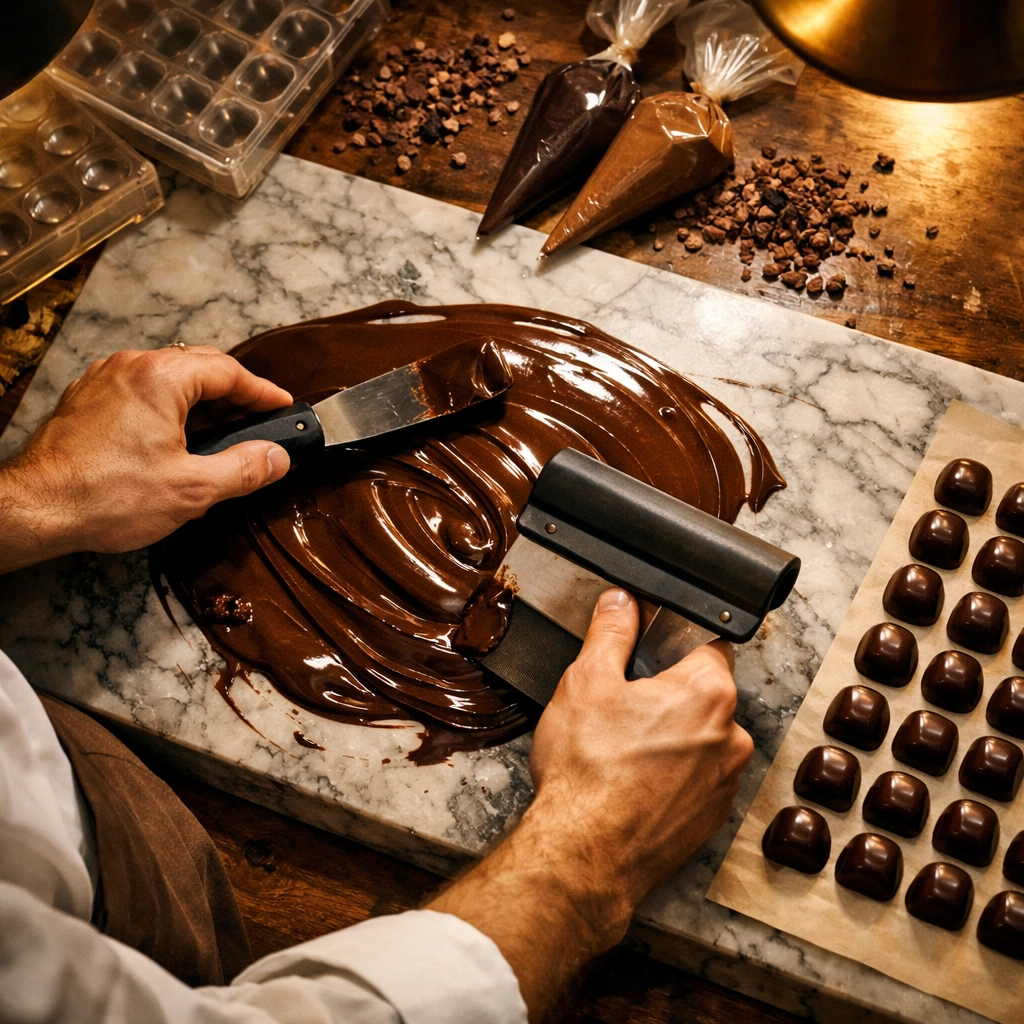 Chocolatier hands crafting artisan Swiss chocolate pralines - MM romance workplace scene