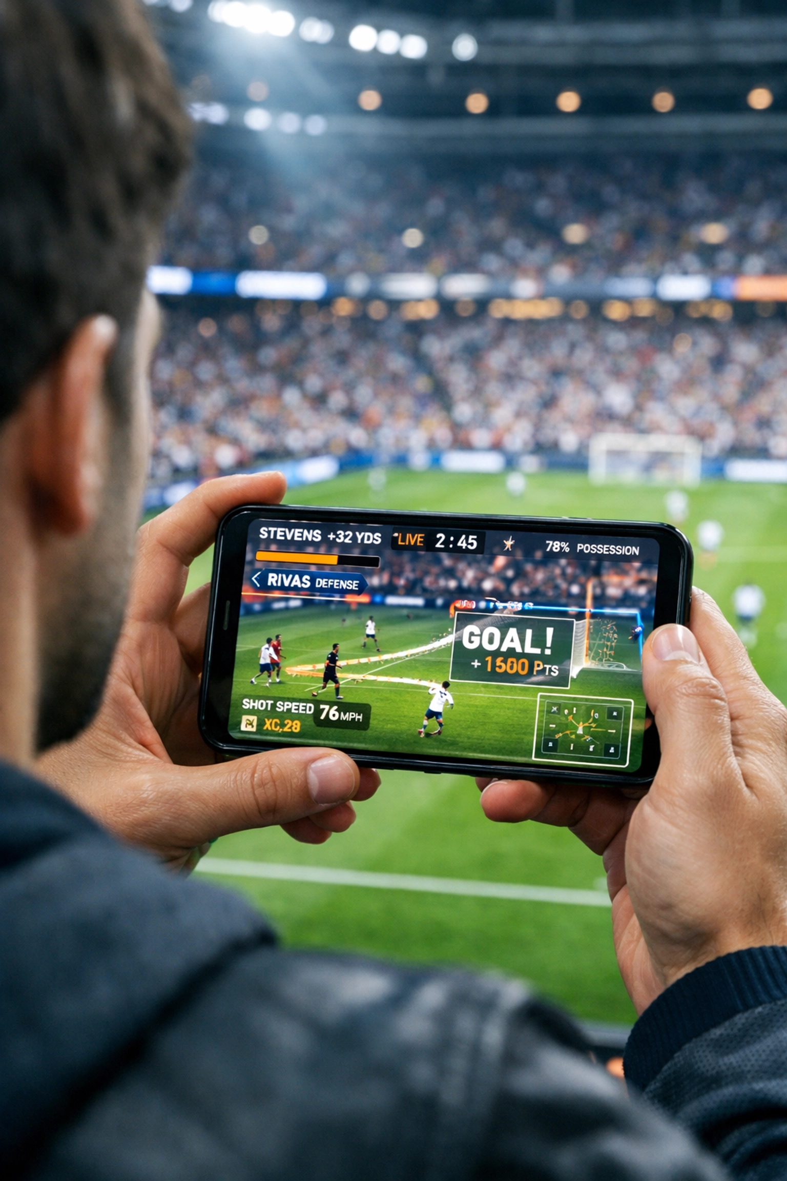 A fan using a smartphone AR application for real-time digital engagement inside a high-tech sports stadium.