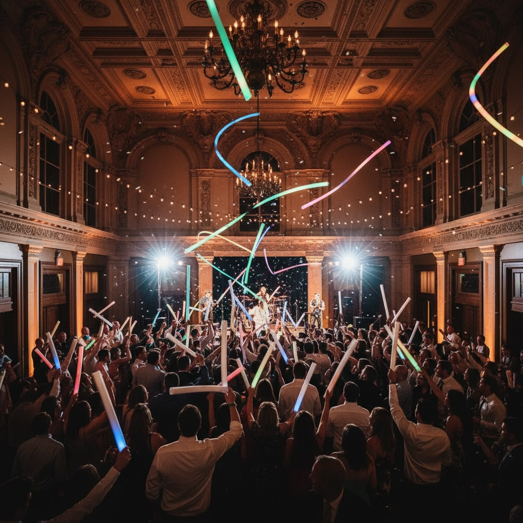 Crowd in elegant hall waving colorful glow sticks under chandeliers, with vibrant stage lighting creating a festive atmosphere.