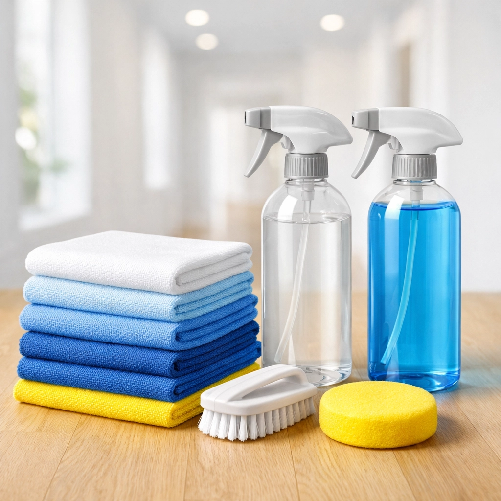 Eco-friendly residential cleaning tools and microfiber cloths for professional Massachusetts home care.