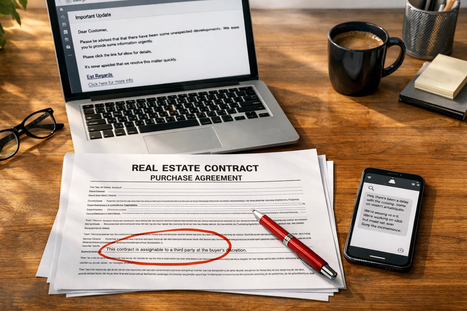 FSBO seller reviewing real estate contract with assignable clause circled to avoid wholesaler scam