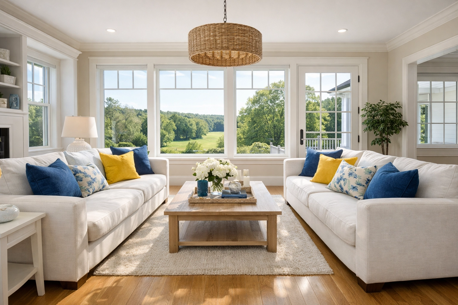 Sun-drenched luxury living room after a professional deep cleaning and house cleaning in Westborough.