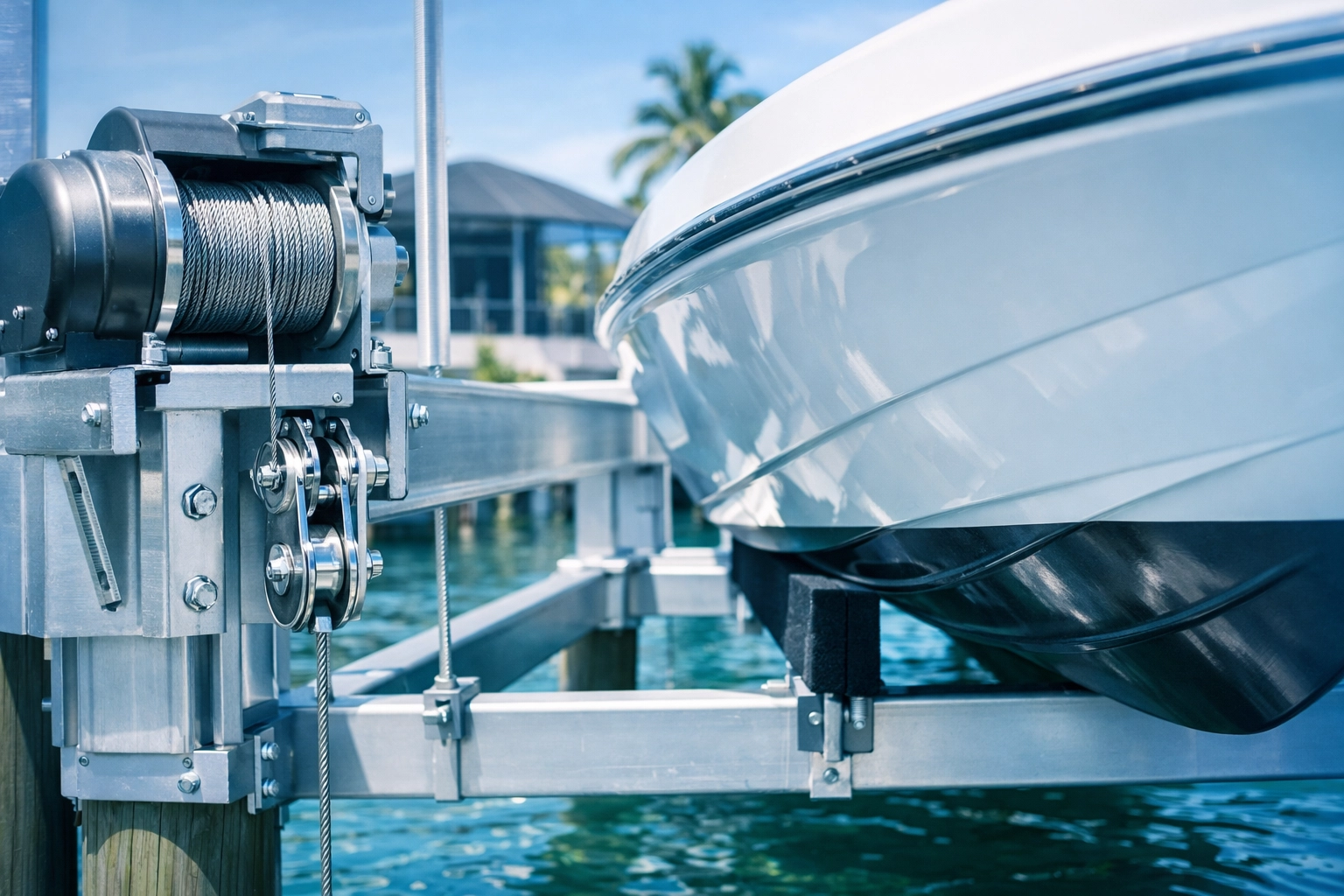 Modern boat lift mechanism on Southwest Florida dock protecting watercraft from marine growth