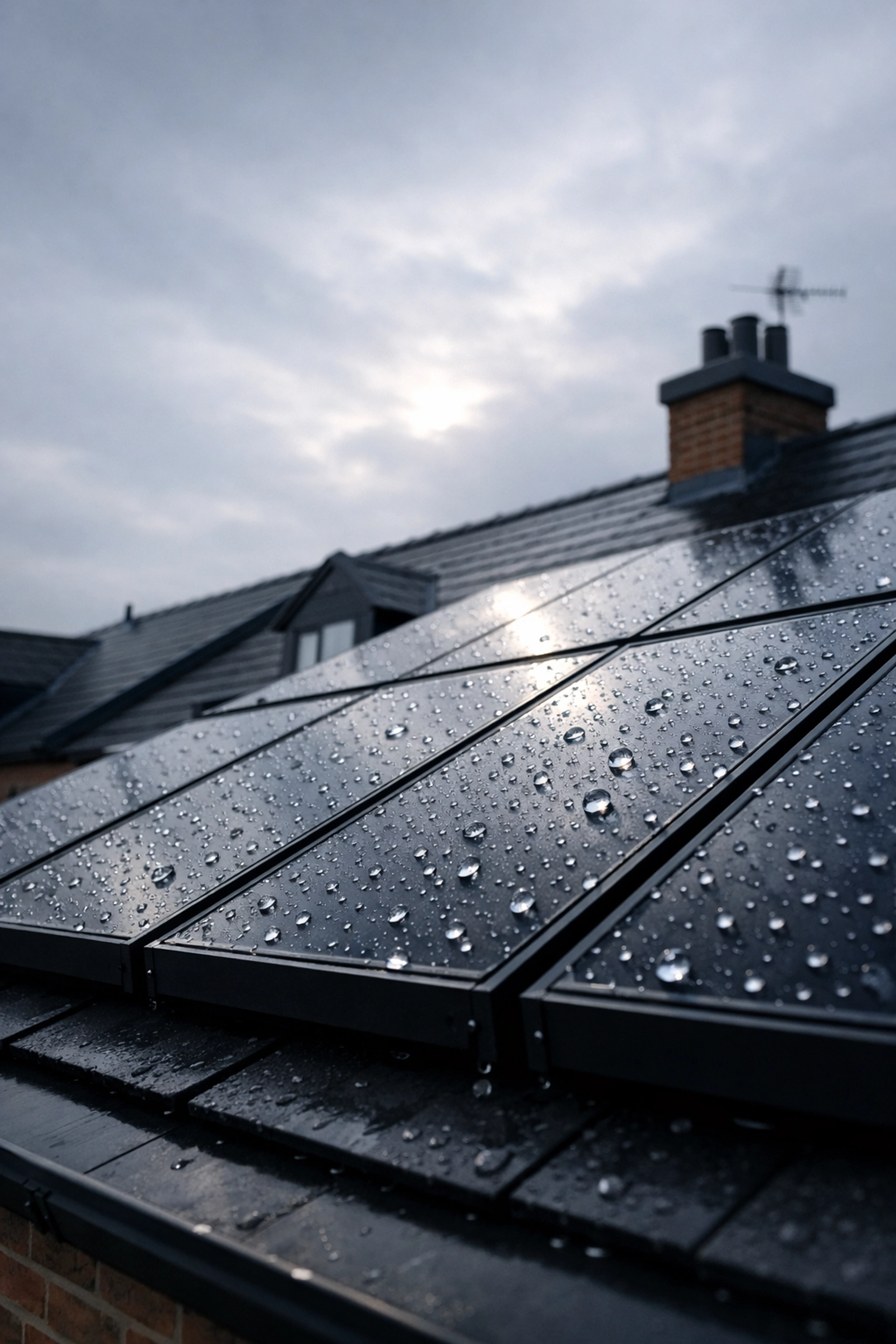 Clean solar panels with rainwater on UK home roof