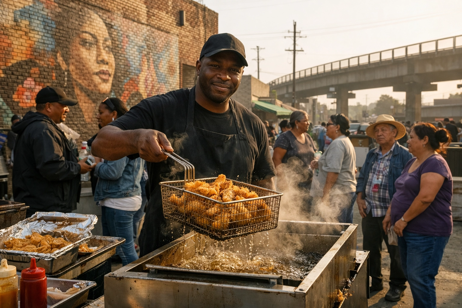 Chef Green frying golden-brown fish at his popular West Oakland street food stand at 7th and Peralta.