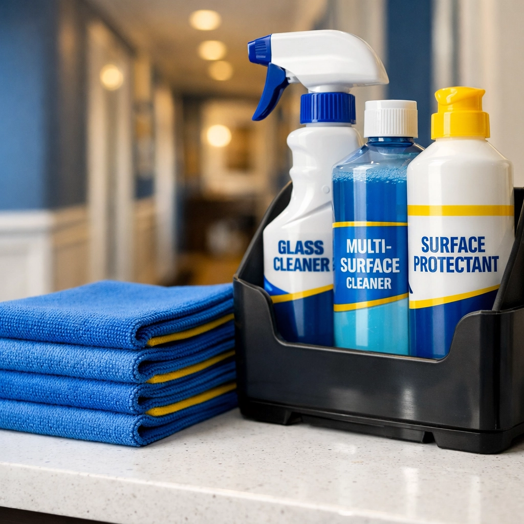 Professional cleaning supplies and microfiber cloths ready for high-end house cleaning in Pepperell MA.