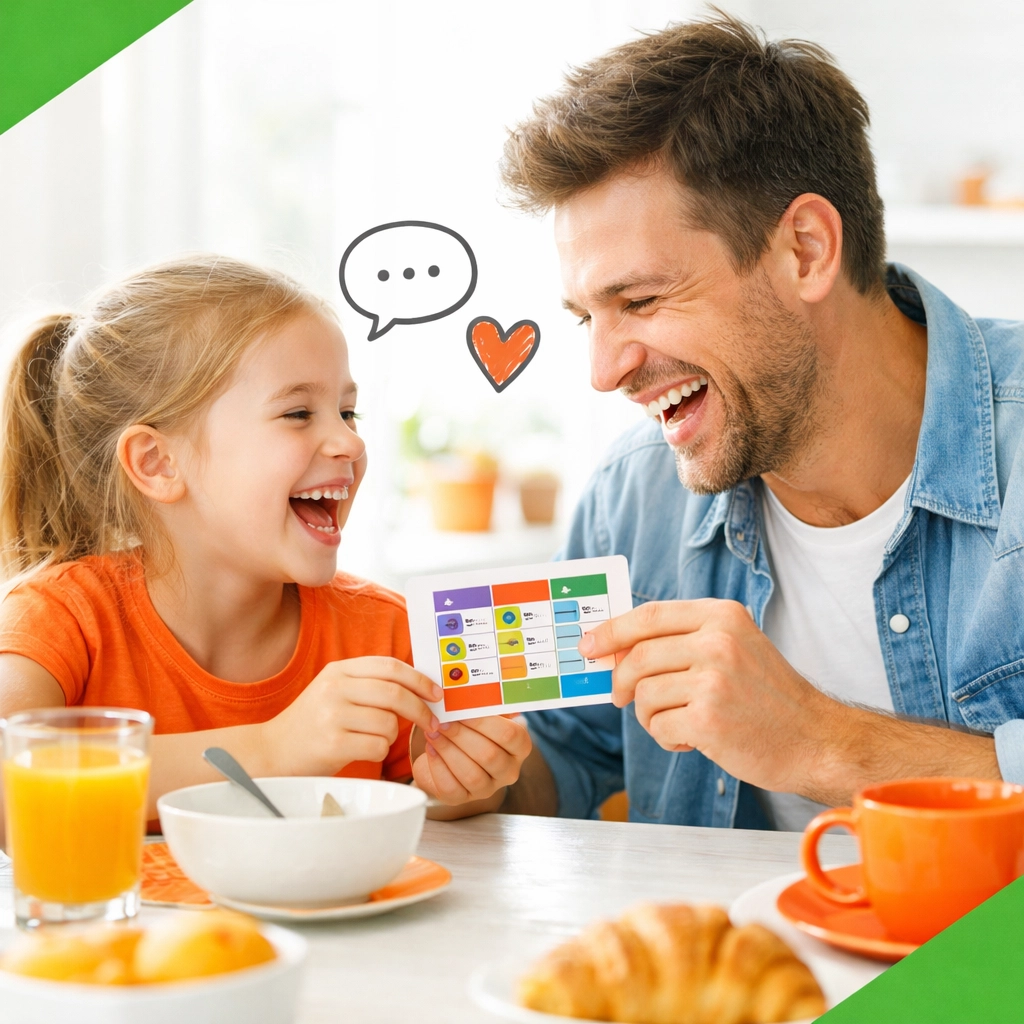 A father and daughter connecting over daily life skills lessons during a joyful breakfast.