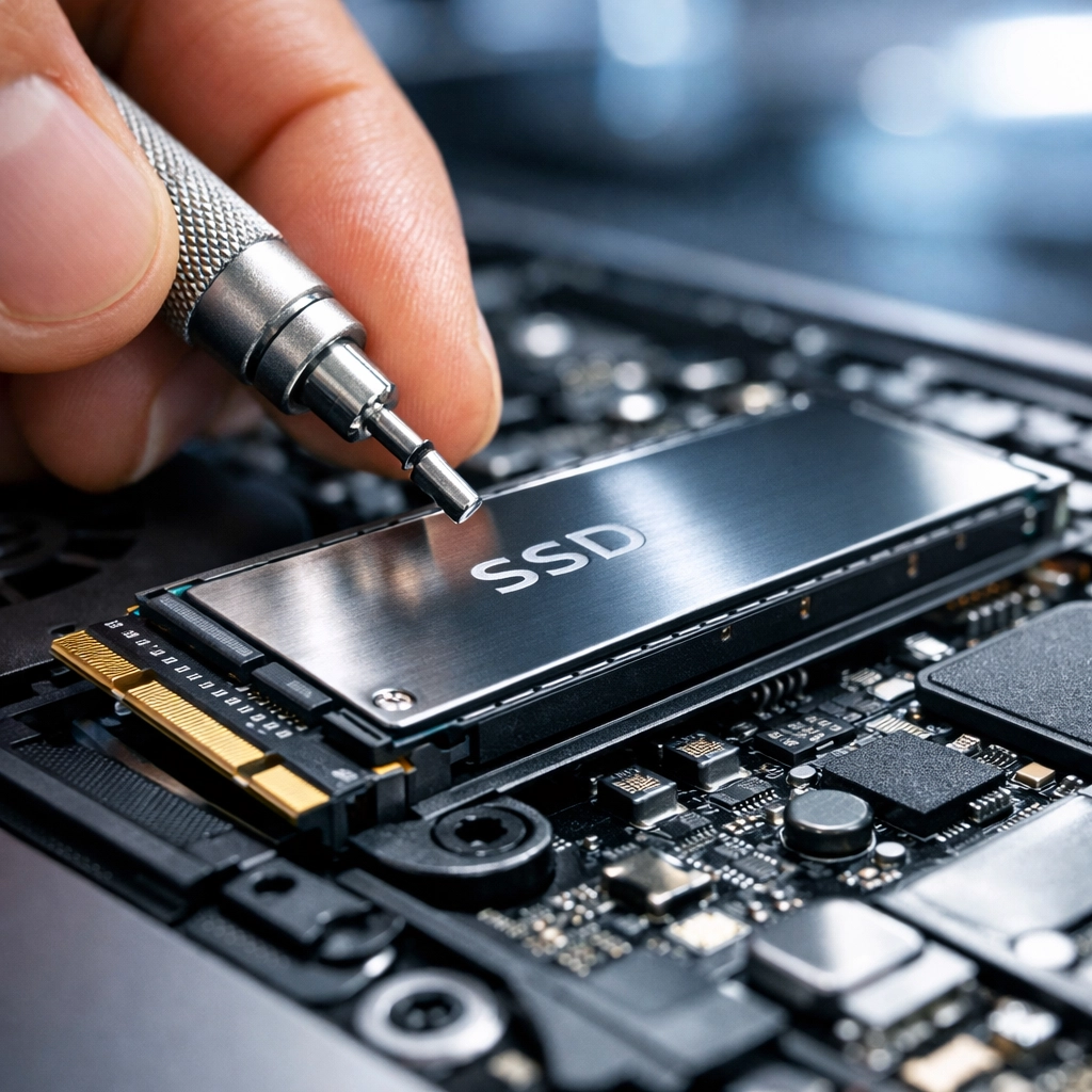 Expert technician installing a new SSD hardware upgrade as part of a professional laptop repair in Vacaville.