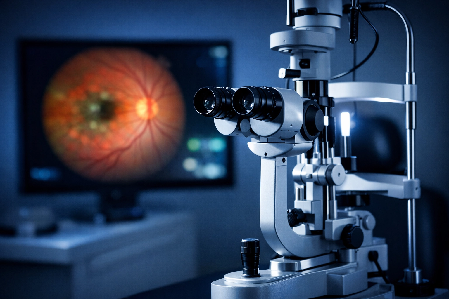 Professional slit lamp and retinal display used for medical eye exams and complex optometry diagnosis.