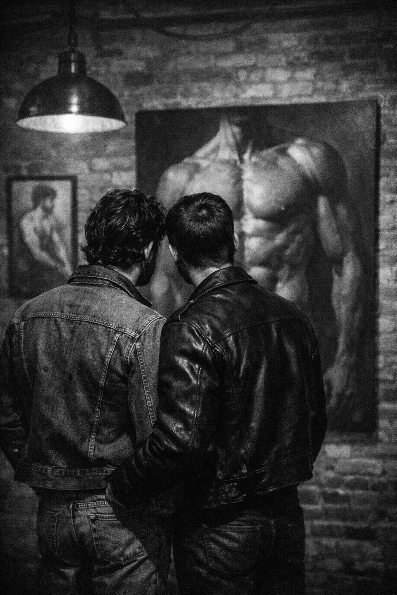 Two gay men viewing a male nude painting in a 1970s underground SoHo art gallery.