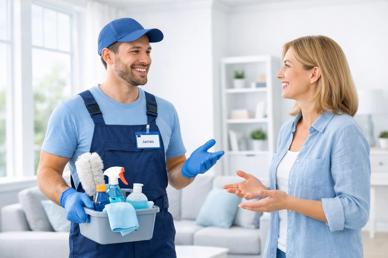 Professional cleaner communicating with homeowner about cleaning services in Macomb