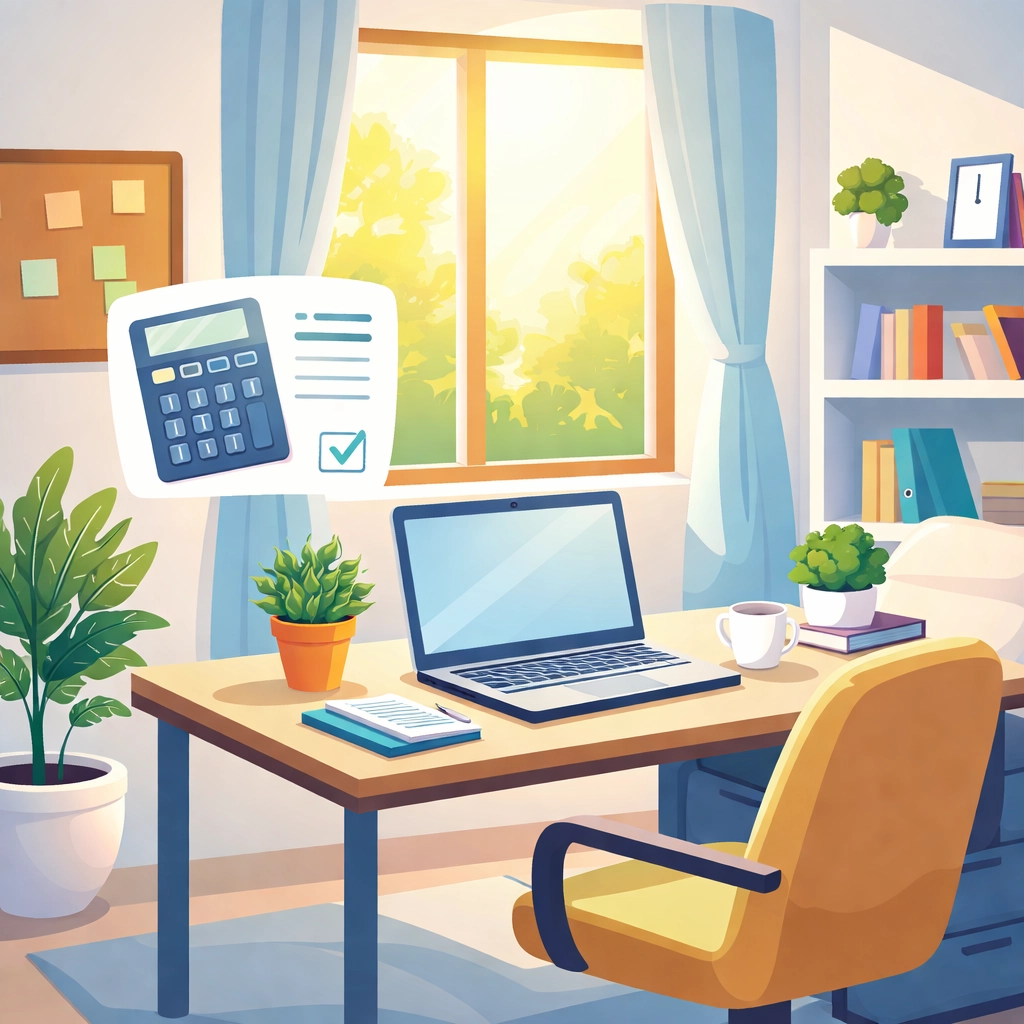 Modern home office setup with laptop, plant, and sunlight, highlighting home office tax deduction for freelancers.