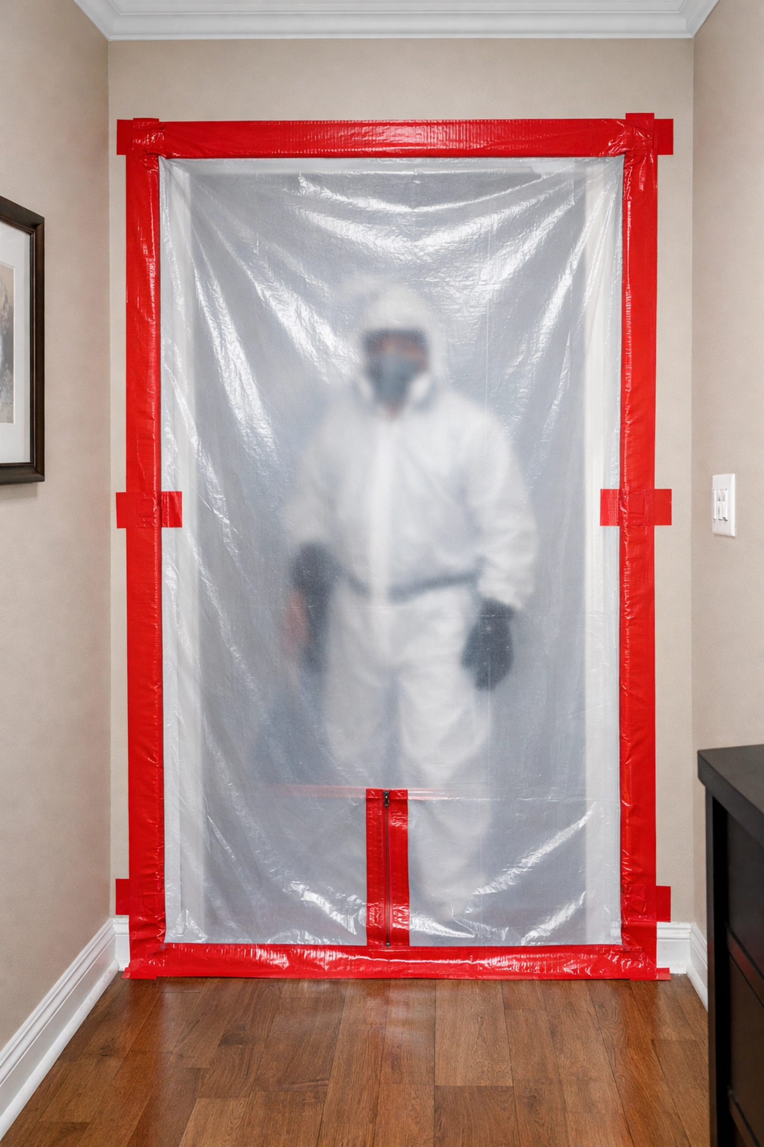 Mold remediation containment barrier sealed with plastic sheeting to stop spores during cleanup