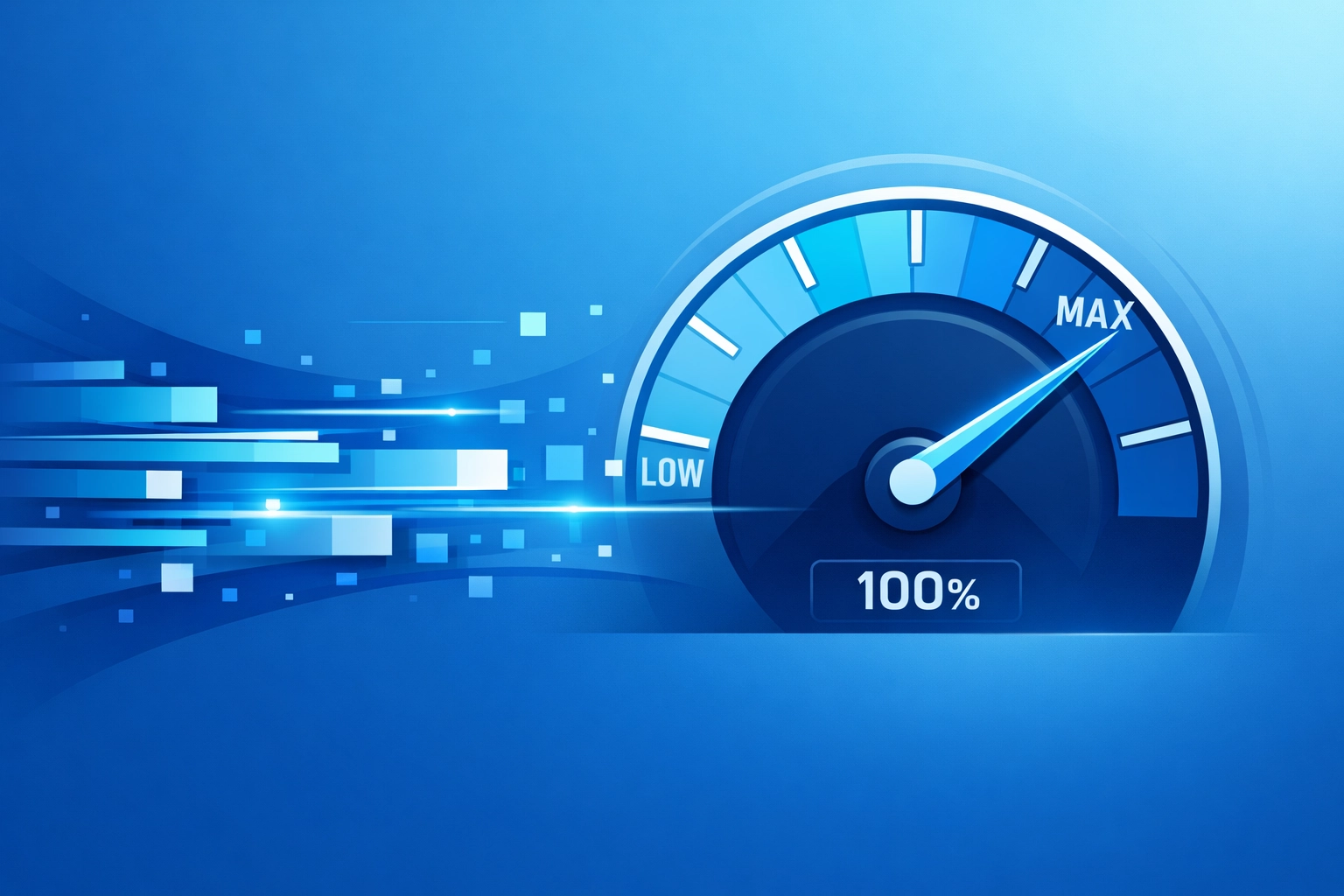 Website hosting performance speedometer showing fast load times and optimal speed