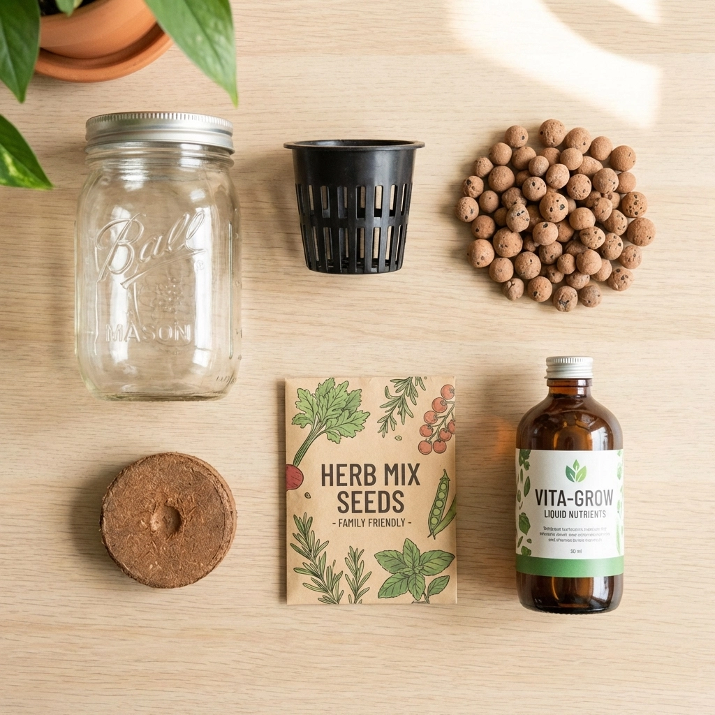 Hydroponic supplies for kids arranged on a table: mason jar, net pot, clay pebbles, seeds, and nutrients