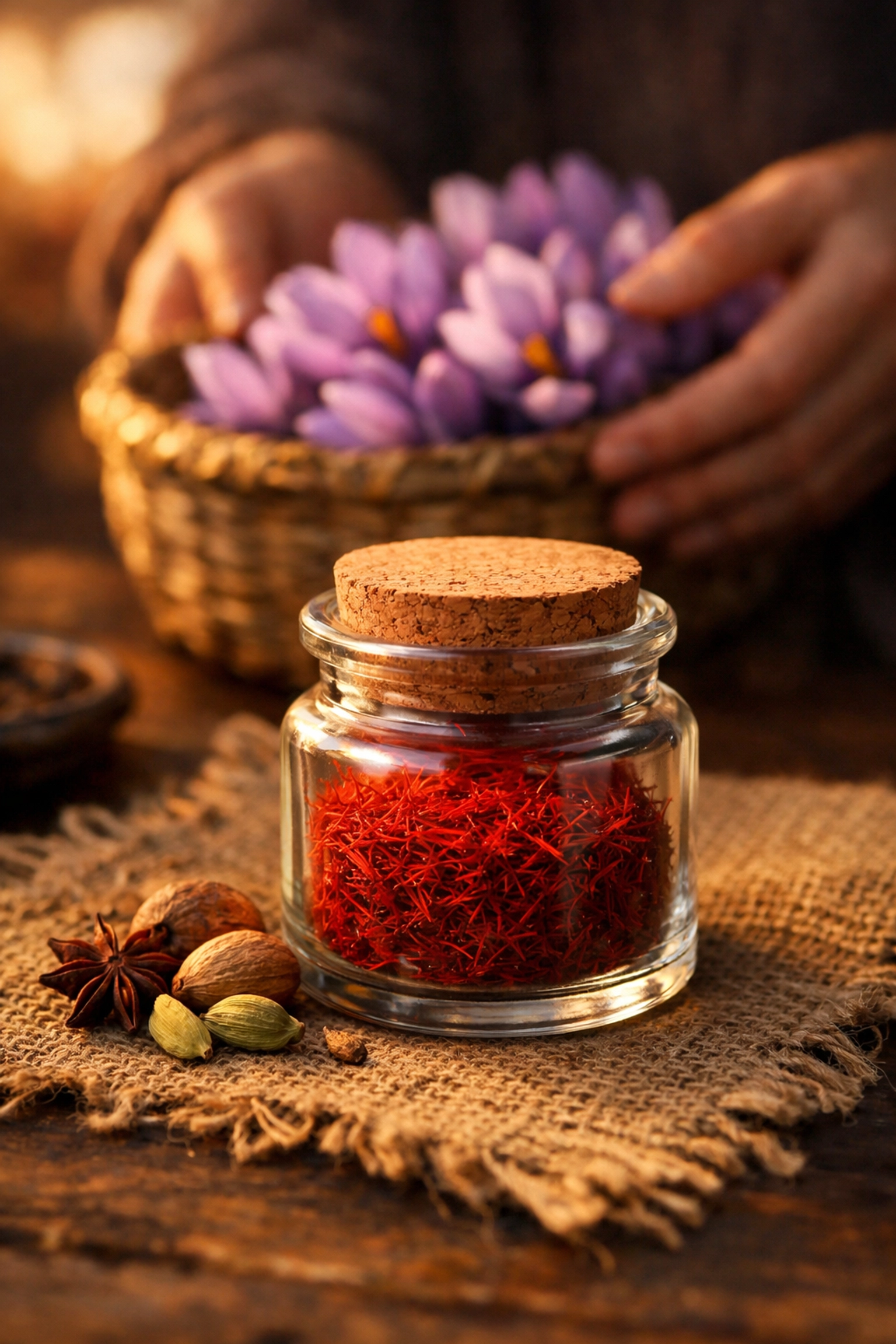 Glass jar of authentic Kashmiri saffron threads highlighting quality packaging for online purchase.