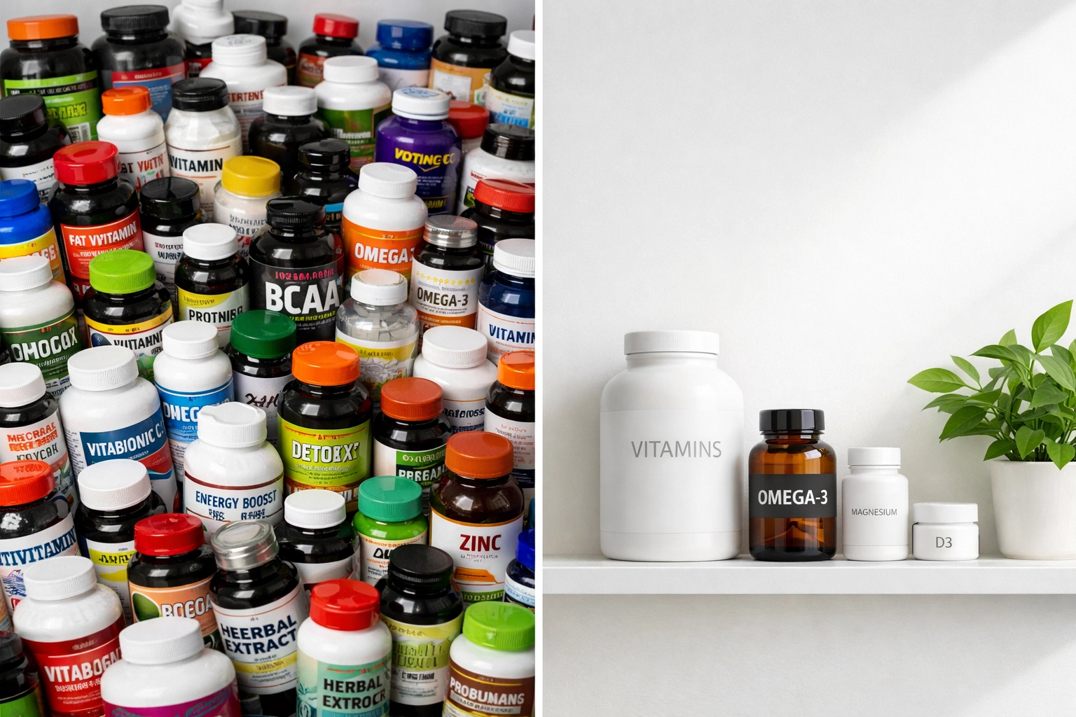 Comparison of excessive supplement bottles versus minimal essential preventative supplements