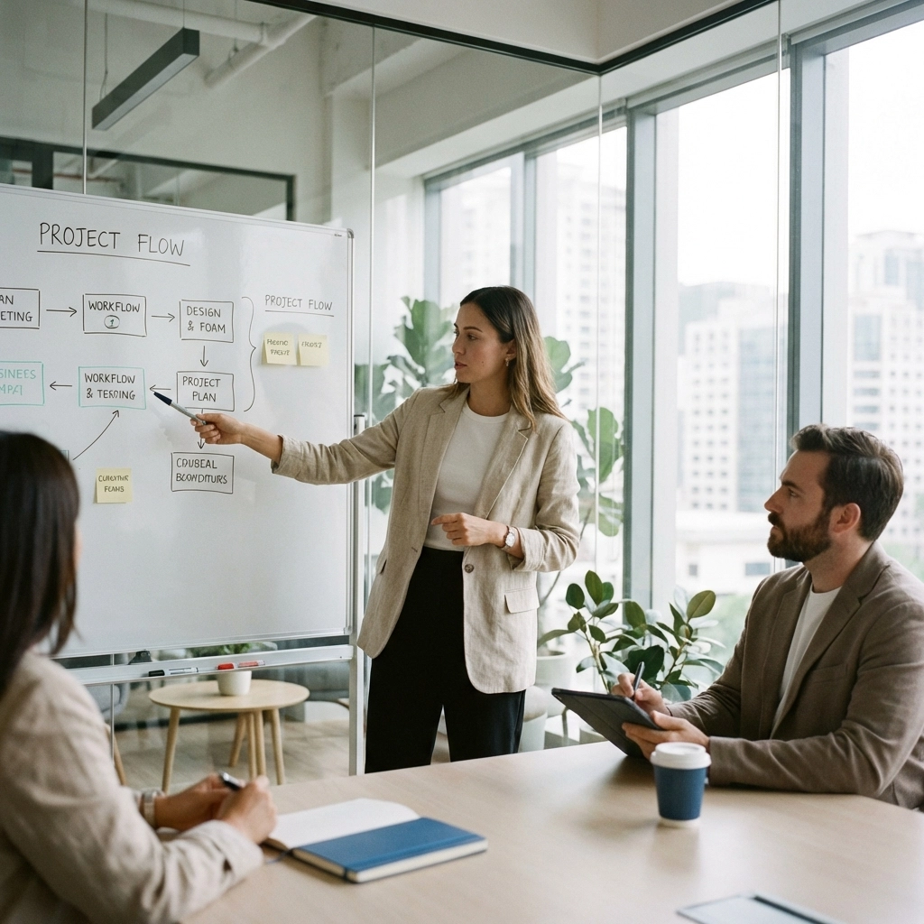 Team collaborating in a conference room with workflow diagrams on whiteboard, emphasizing process design for RIA CRM success