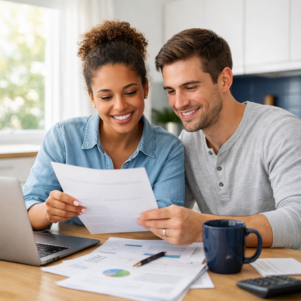 Young Texas couple reviewing financial documents to start building credit from scratch