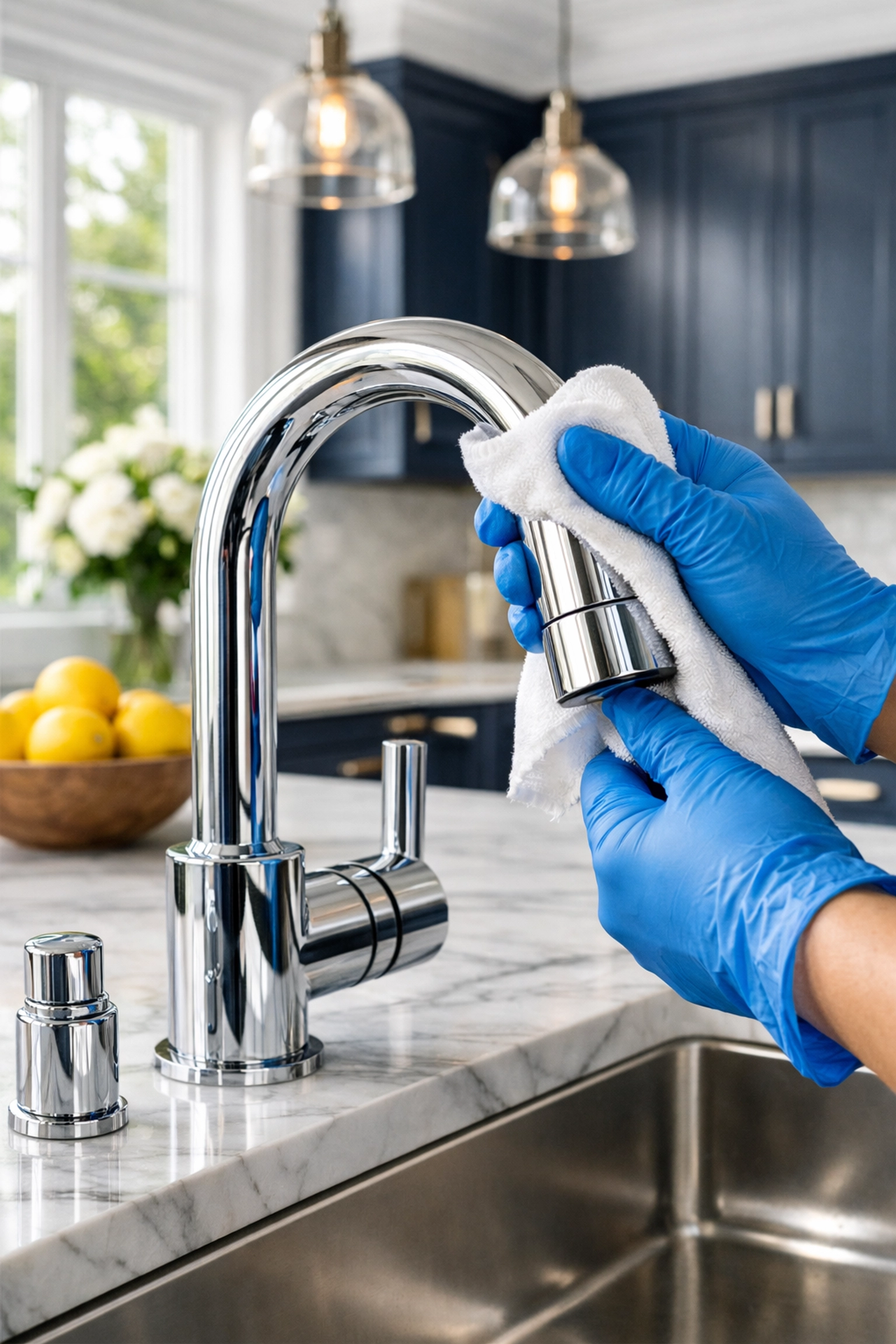 Professional cleaners in Hingham polishing a chrome faucet in a premium marble kitchen.