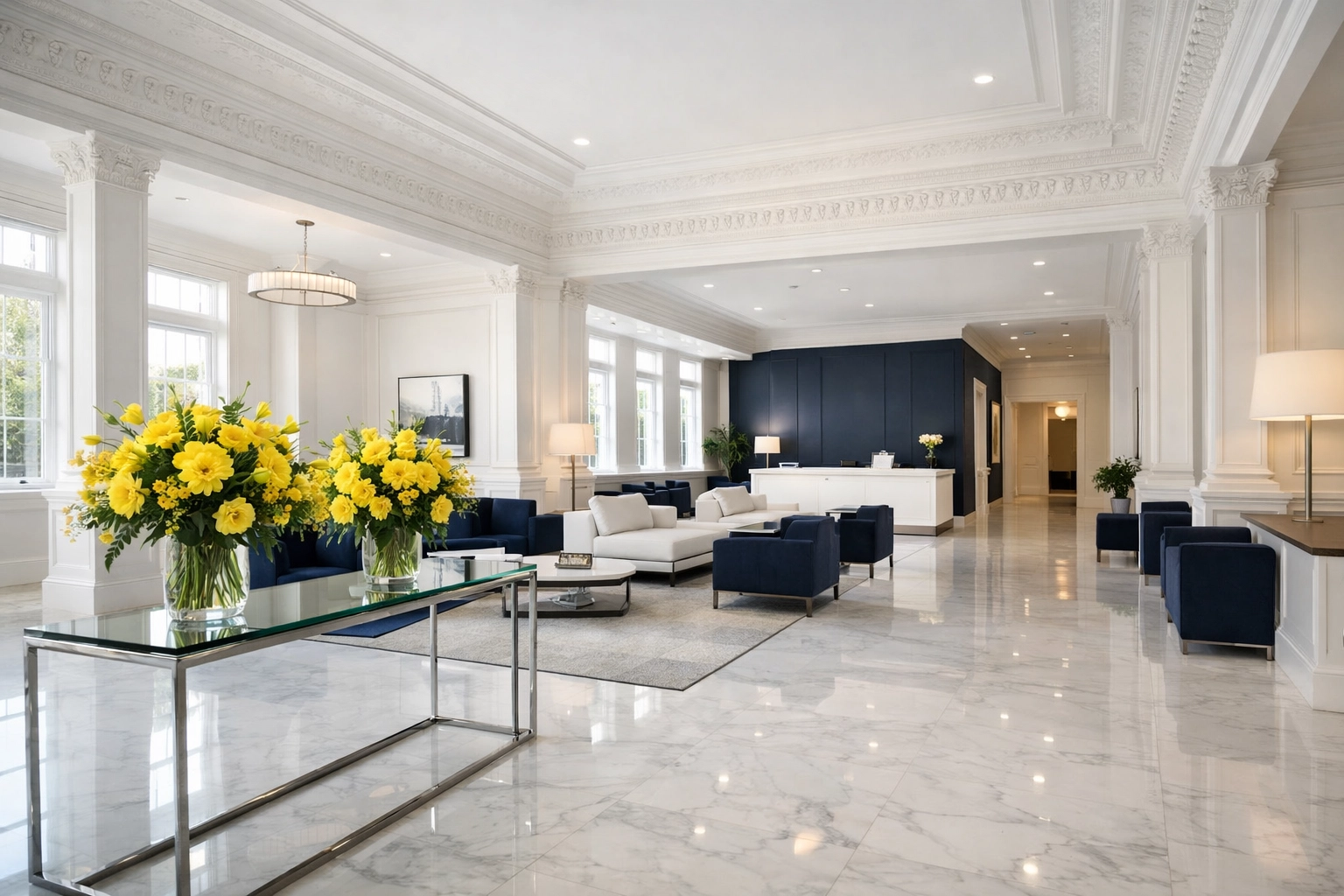 Pristine office lobby in Milton, MA showcasing boutique commercial cleaning standards and polished marble.