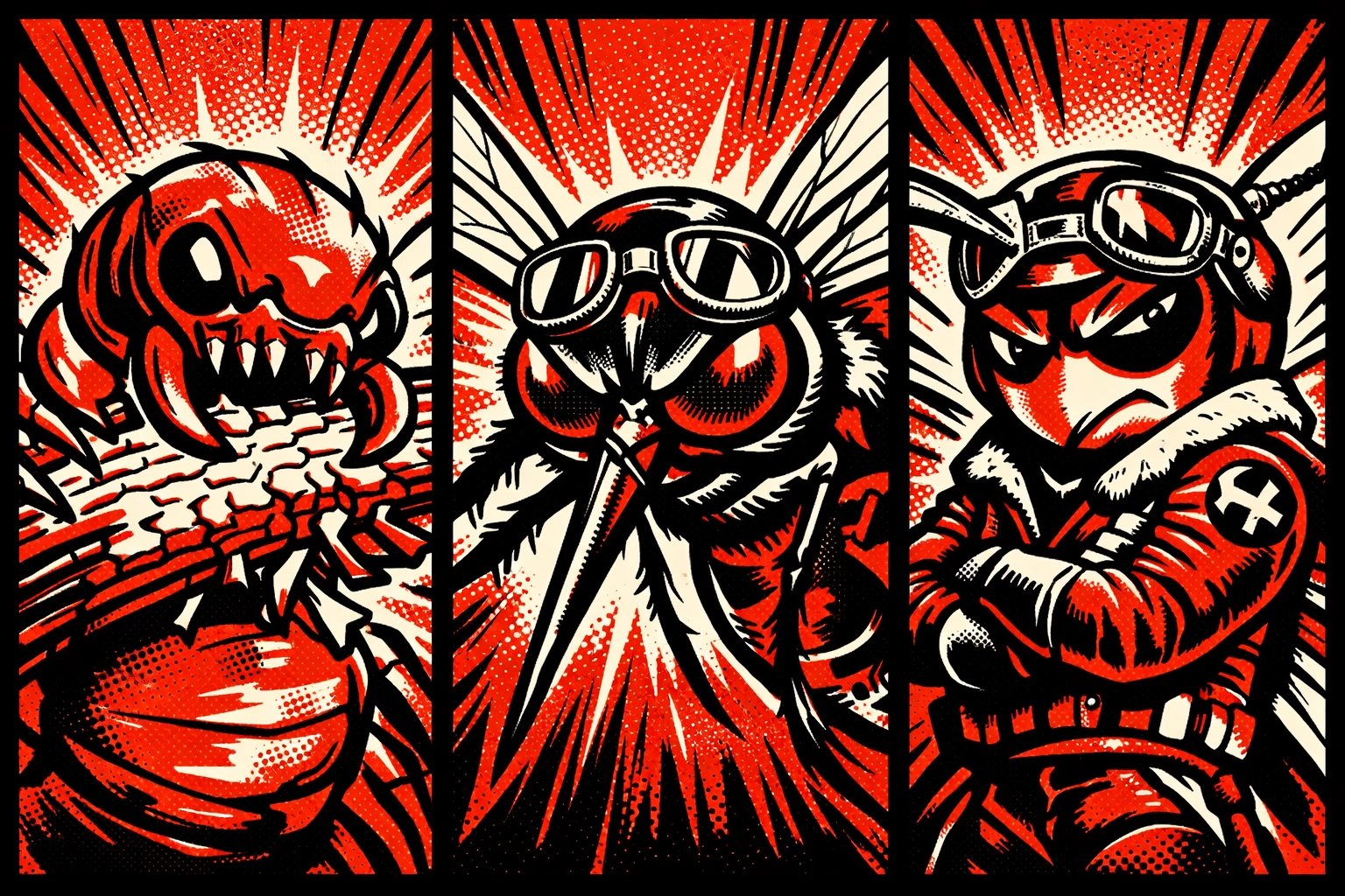 Termite, mosquito, and wasp graphic representing seasonal pest threats in Walker and Winston County.