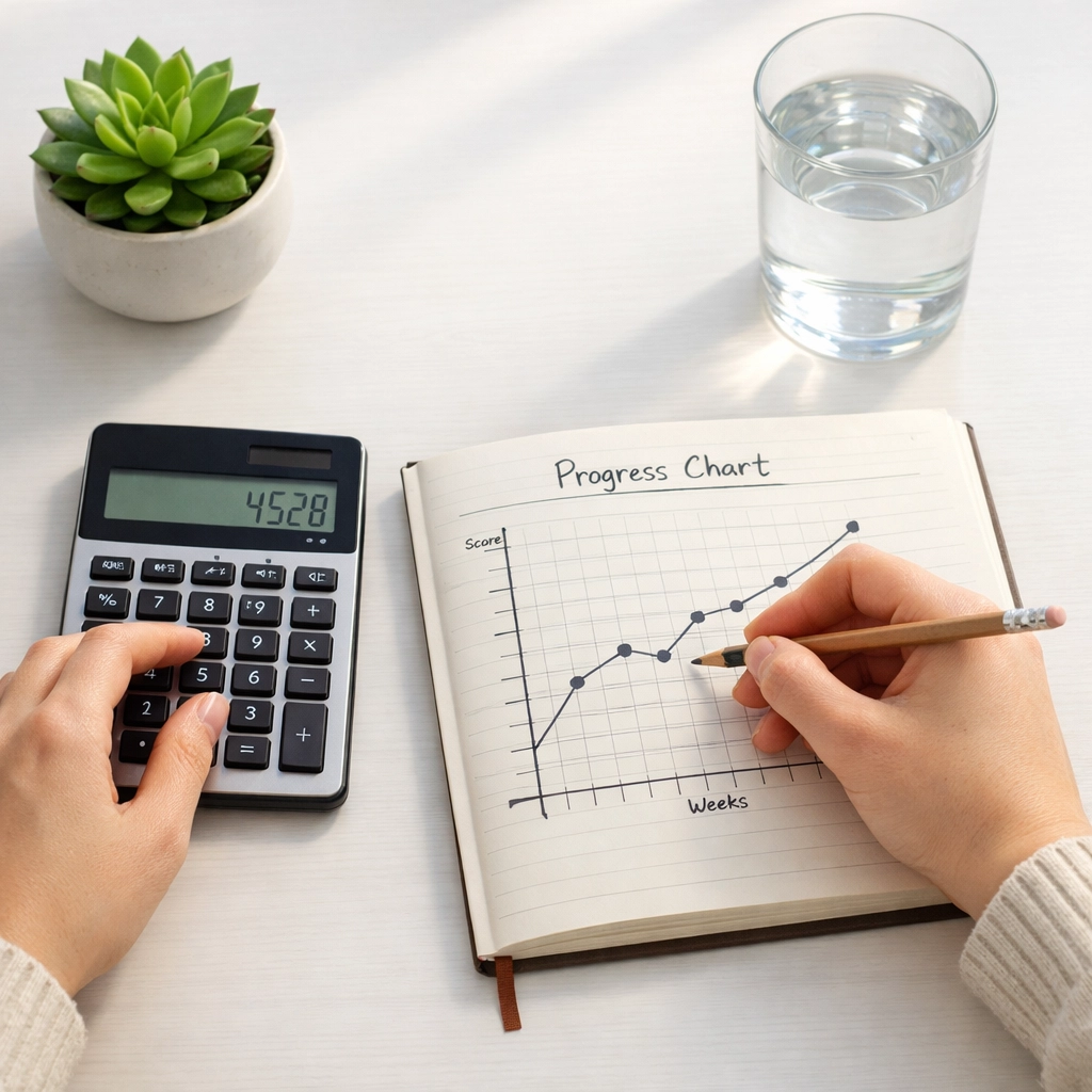 Student hands using a calculator to solve SAT math problems on percentages and ratios.